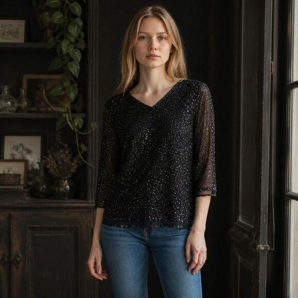 unbranded Tops - Vintage 80s 90s Pure Silk Beaded Top Black Iridescent Sequin Whimsygoth Blouse